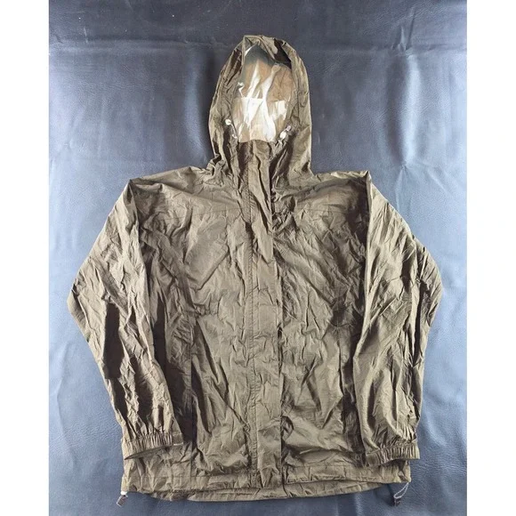 LL Bean Mens Olive Green Ripstop Nylon Hooded Rain Jacket Windbreaker 0ALB6