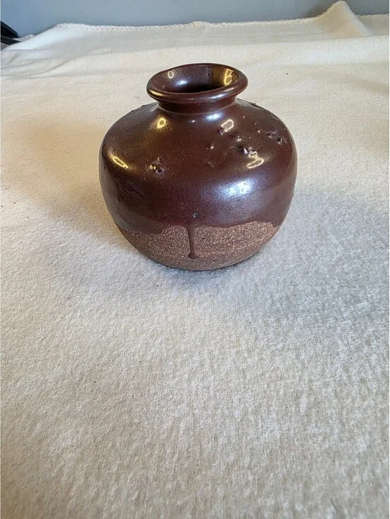 Vintage Signed Studio Pottery Brown Drip Glaze Vase Handmade Stoneware 4