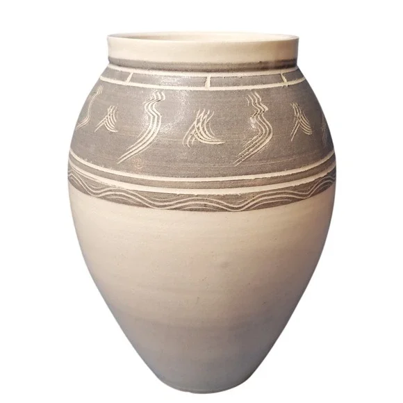 Handcrafted Ceramic Vase Gray White Swirl‎ Etched Design Rustic Southwestern
