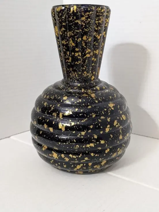 Vintage Cobalt Blue Spatter Speckle Glass Fluted Ribbed Vase