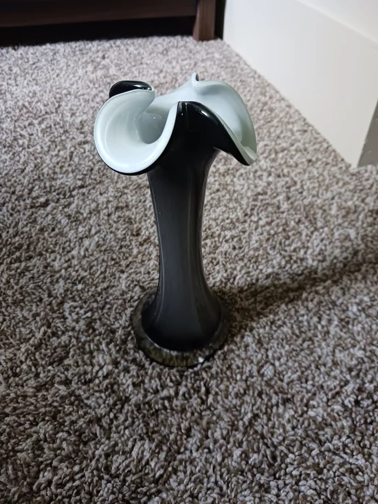 Vintage MCM Black and White Blown Glass Ruffled Vase
