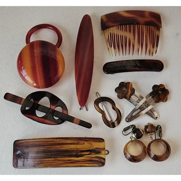Vtg Celluloid  Tortoise Hair Comb/Clips Belt Buckle Earring Lot