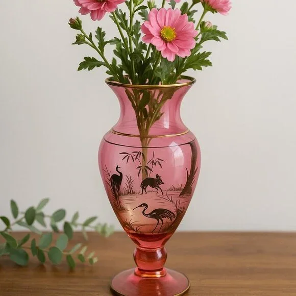 Vintage Pink Glass Vase – Hand-Painted Wildlife Scene with Gold Trim