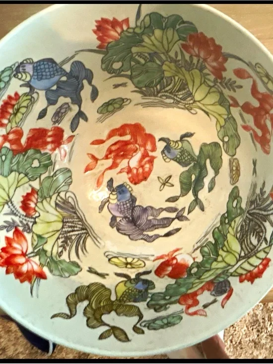 Rare hand painted Vintage Chinese Famille Rose serving bowl signed. Koi motif