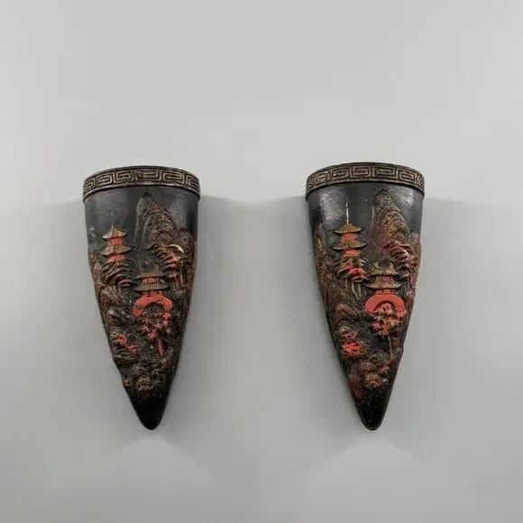 Vintage Pair Made in Japan Wall Pocket Planters Pagoda Asian Relief Decor Vase