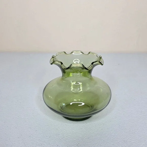 Vintage MCM Glass Bud Vase Small Green Ruffled Rim Hand Blown Home Decor