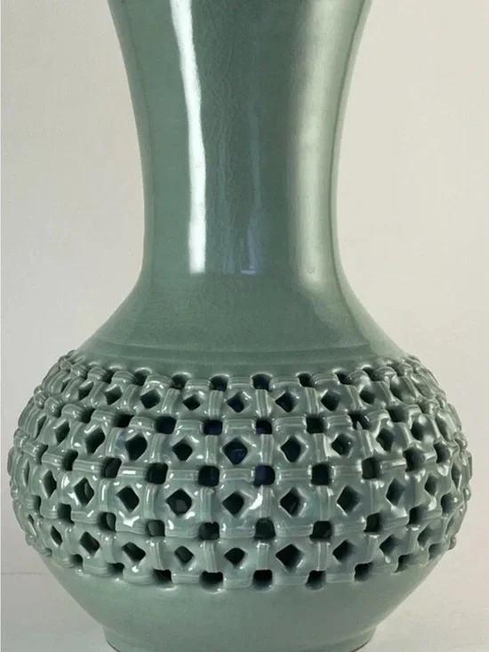Vintage Korean Celadon Reticulated Porcelain Vase Signed Pierced 10in