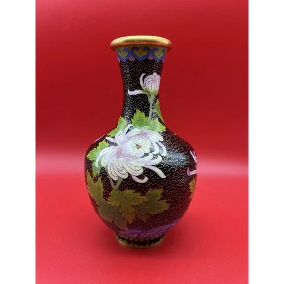 Vintage Chinese Cloisonne Enamel Vase Black Multicolor Flowers Butterfly 8.25