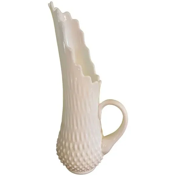 Vintage Fenton Hobnail Milk Glass 16 Finger Swung Pitcher Vase 15