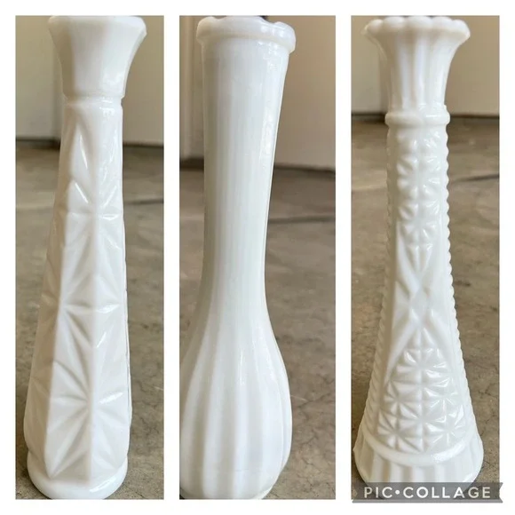 Vintage Milk Glass 9 Inch Bud Vase Lot of 3 White Stars Diamonds Ribbed Patterns