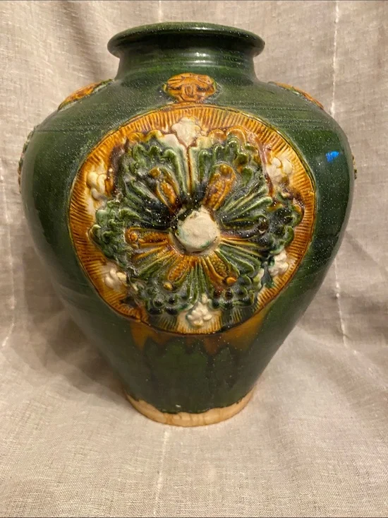 Green Ceramic Sancai-glazed Style Vase with Chinese Raised Floral Medallions