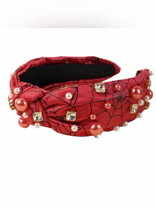 Red Knotted Headband with Pearls and Crystal Accents