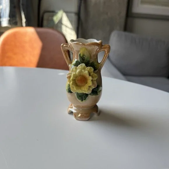 VTG Japan 2 Handle Porcelain Bud Vase with Flower Detail 4 1/4