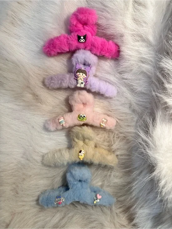 Set of 5‎ Fuzzy Cartoon Hair Clips - Pink, Lilac, Peach, Beige, Blue