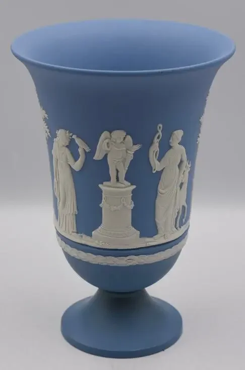 Wedgwood Blue Jasperware Cameo Cherubs Neoclassical Pedestal Vase