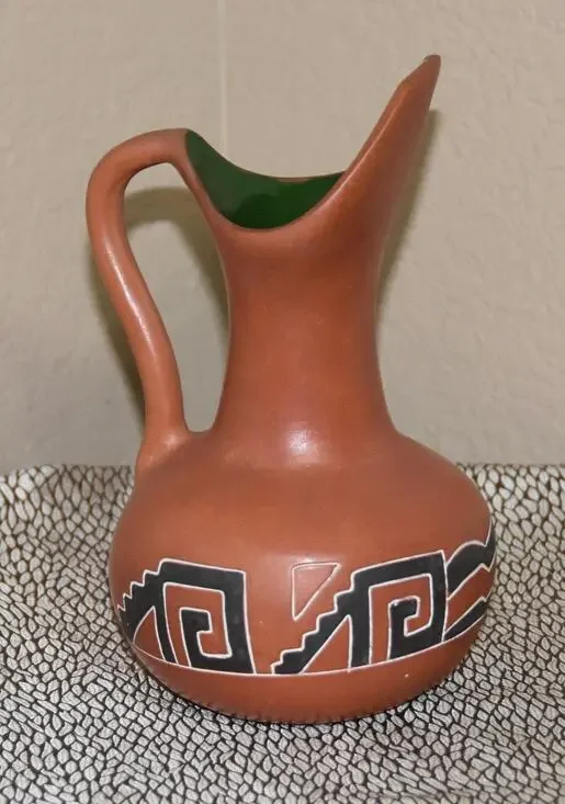 Mexican Hand Crafted Aztec Design Water Jug Pitcher - Red Clay / Barro Rojo