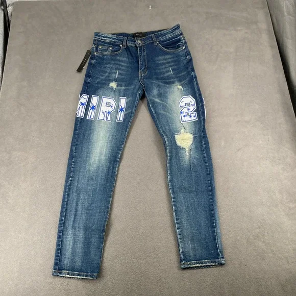 Amiri Men Blue Distressed Graphic Palm Tree Patch Denim Jeans 32