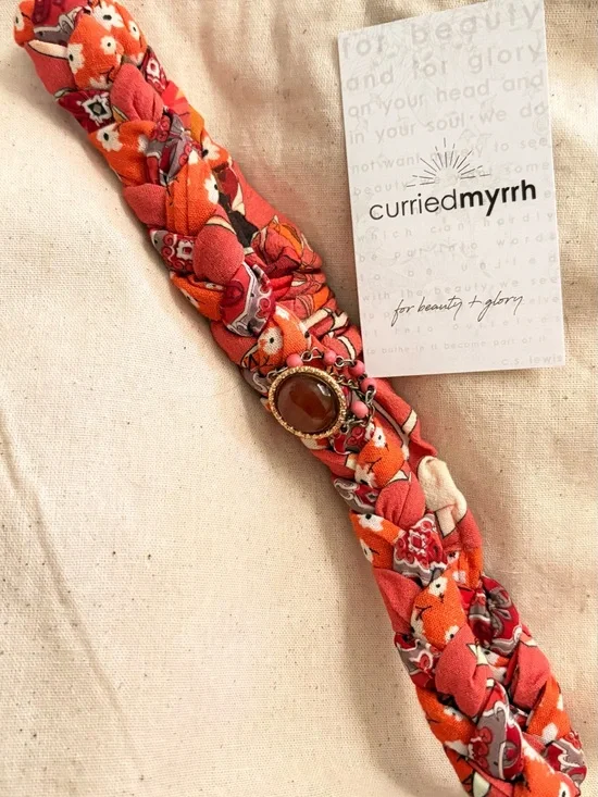 Curried Myrrh Orange Floral Braided Headband with Amber Gemstone NWT ✨✨👑