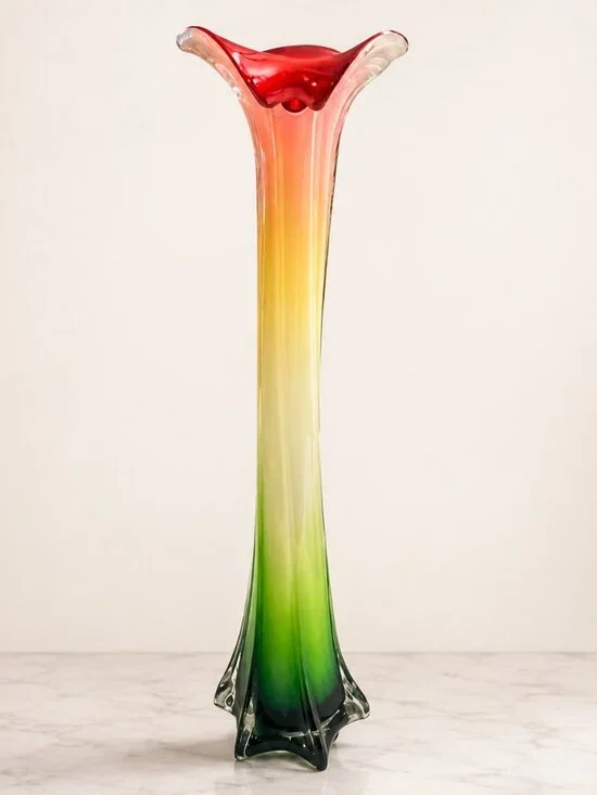 Vintage 1990s Postmodern Multicolor Ombre Calla Lily Art Glass Vase 15.5