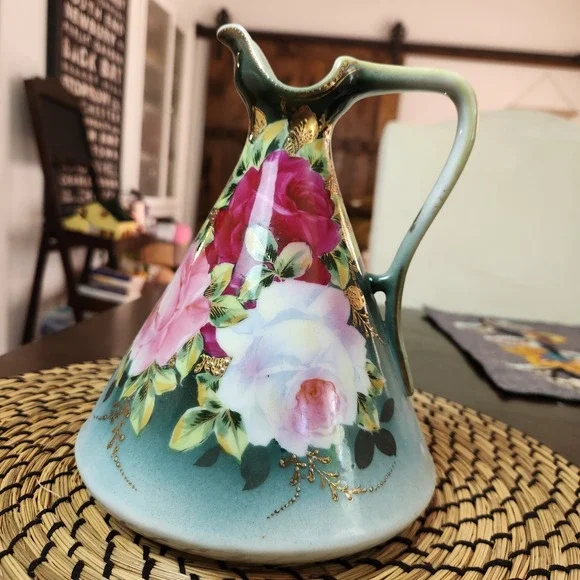 Vintage Hand Painted Rose‎ Porcelain Pitcher Teal Green Gold Moriage Floral Vase