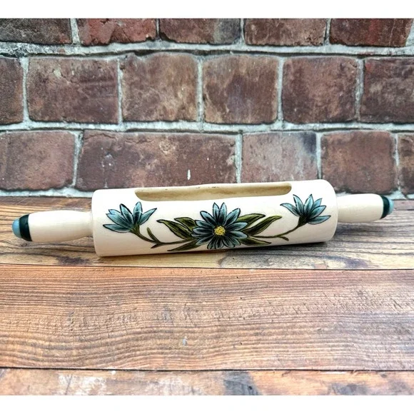 Vintage Ceramic Rolling Pin Planter Herbs Succulents Handpainted Floral Blue‎