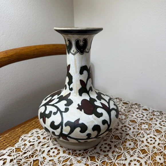 Ivory Crackle Glaze Bottle Vase Chinoiserie Olive Oxblood Vine 10