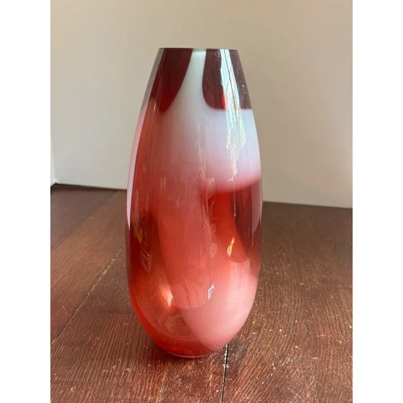 Red and White Swirl Art Glass Vase 10 Inch Mid Century Modern Cased Glass Decor