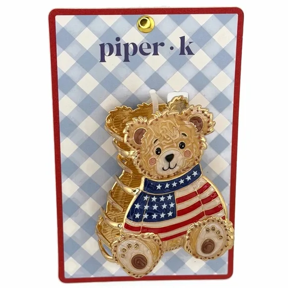 Piper K Americana Teddy Bear Claw Clip Gold Tone Rhinestones