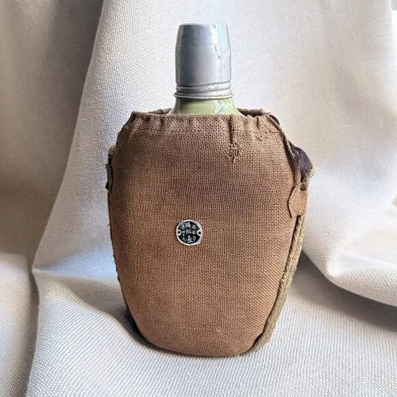 1900s–1920s Japanese Sakebin, Celadon-Glazed Flask in Hemp Sling, Nanaga City