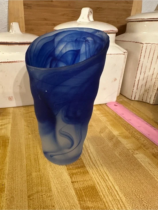 Vtg Vase Cobalt Opaque Marbled Slag Swung Blown Glass vessel