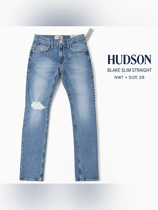 NWT Hudson Blake Slim Straight Jeans Men’s 28 Blue Fade Distressed