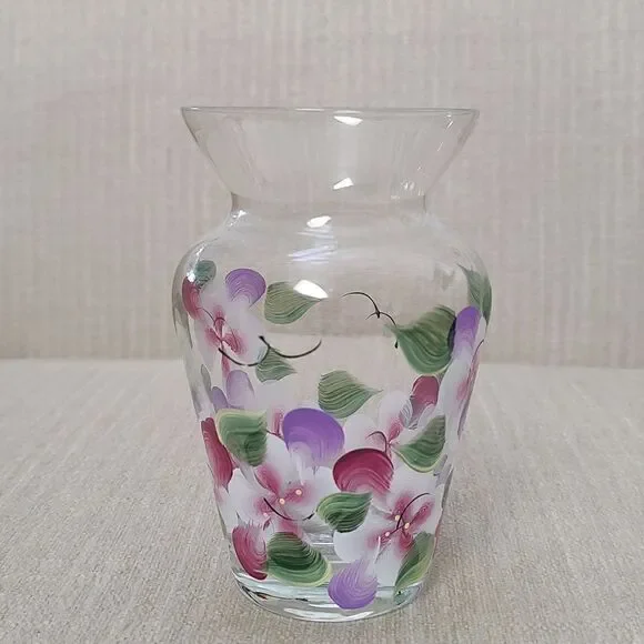 Hand Painted Floral Glass Vase Artist Signed Vintage