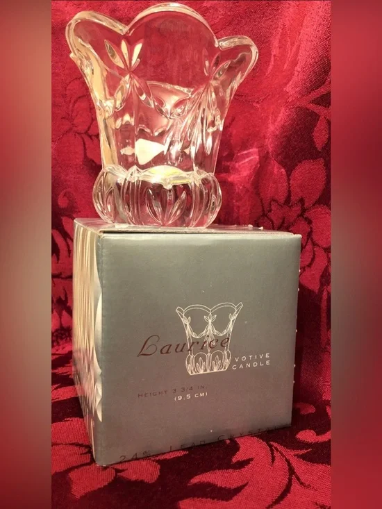 24% Lead Crystal Floral Votive Tealight Candle Holder - Clear w/box Circa 1996