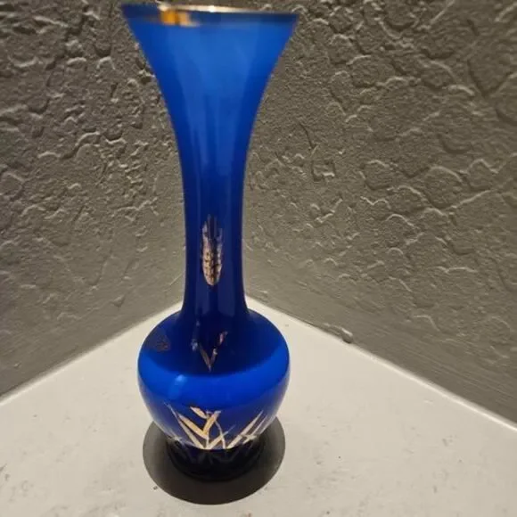 Made in Japan Cobalt Blue Glass Vase with Wheat Motif 8