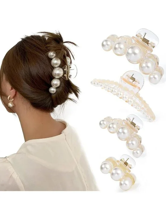 Elegant Large Pearl Hair Claw Clips - Non-Slip Barrettes for Thick & Thin Hair