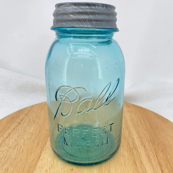 Ball Blue Aqua Mason Quart Jar with Zinc Lid Perfect Mason Vintage USA Blue