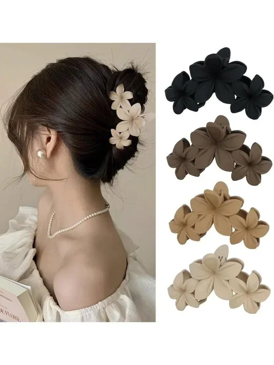 4PCS Large Hawaiian Plumeria Flower Hair Clips - Non-Slip Claw Clips for Beach