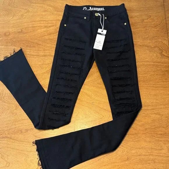 Men's Slim Black Jeans with Distressed Design