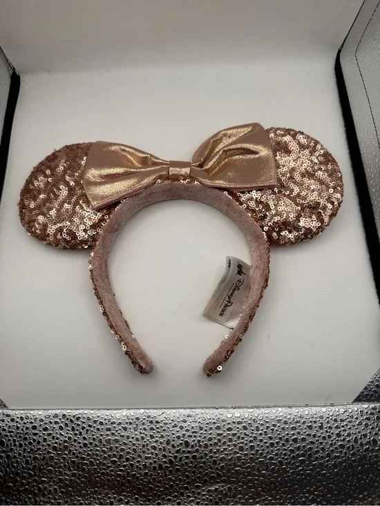 Disney Rose Gold Sequin Minnie Ear Headband with Metallic Bow