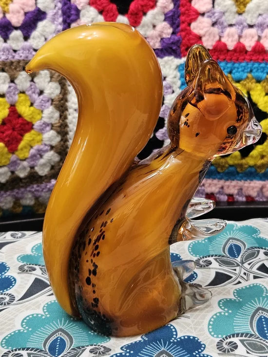 Murano Style Heavy Artglass Burnt Orange Brown Squirrel Sitting With Tail Up