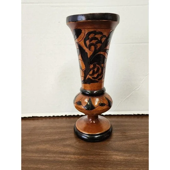 Wooden Vase Hand Carved - Floral Design Flower And‎ Leaves Two Tone 11