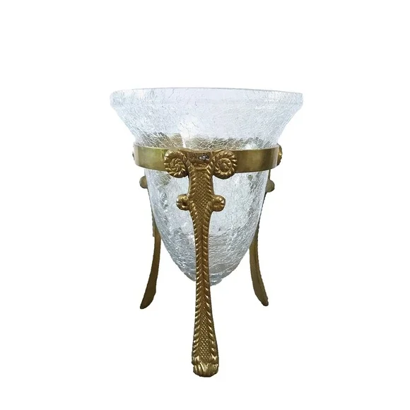 Vintage Crackled Glass‎ Bowl with Decorative Brass Stand