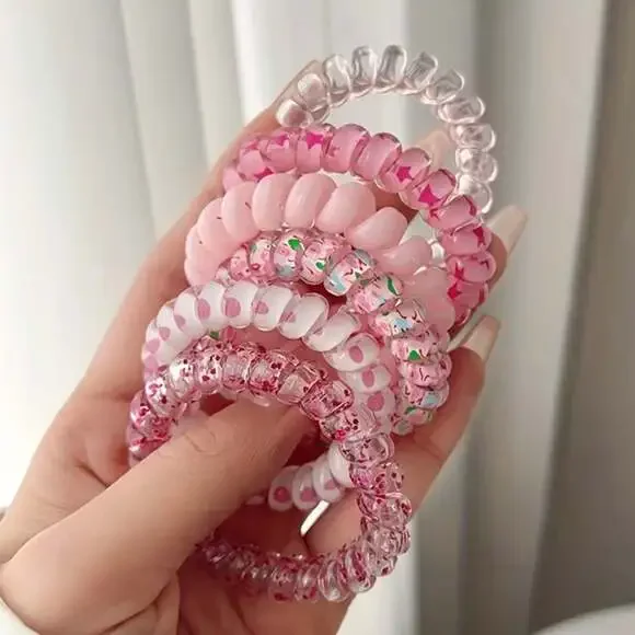 6 Pcs Pink Phone Cord Spiral Hair Ties Set