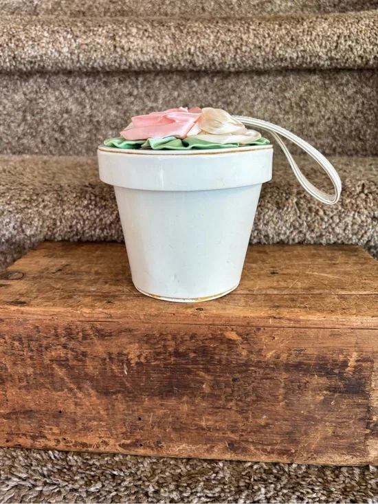 White Ceramic Flower Pot Wristlet with Pink and Cream Floral Accent