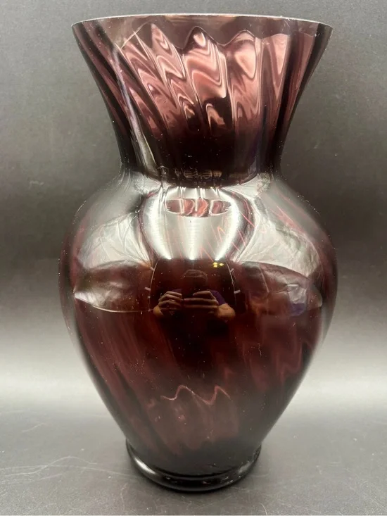 Vintage Amethyst Deep Plum Glass Vase - Mid-Century Optic Swirl Flared Rim 12