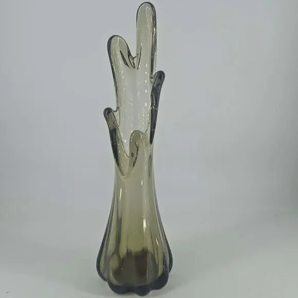 Vintage hand blown gray smoke Art Glass Swung Vase 5 finger 11