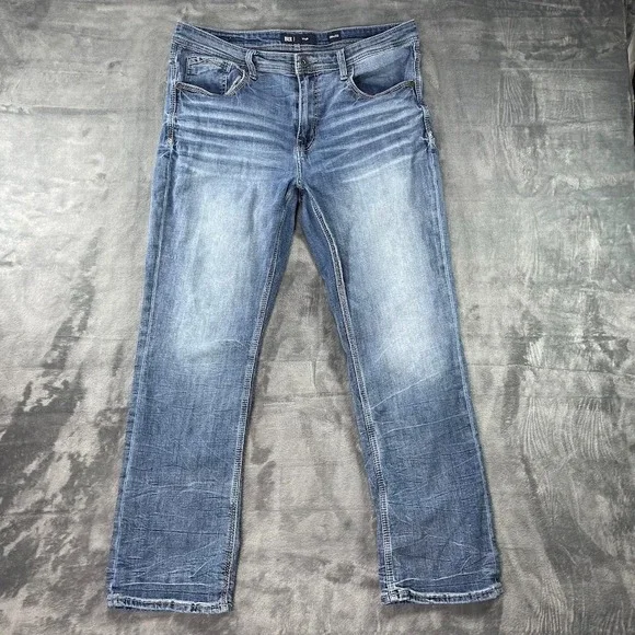 BKE Tyler Straight Jeans Mens 36x32 Fits 36x30 Blue Stretch Stretch Whiskers