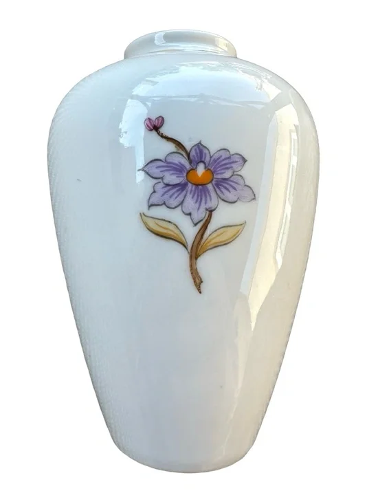 HOLLOHAZA Vintage White Porcelain Vase 4” Hand Painted Floral Hungary