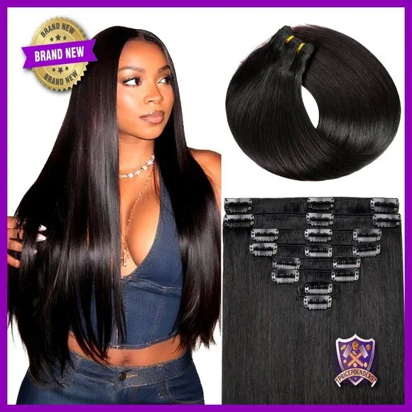18 Inch Clip In Human Hair Extensions, 100g Straight Remy Hair, 8 Piece Set