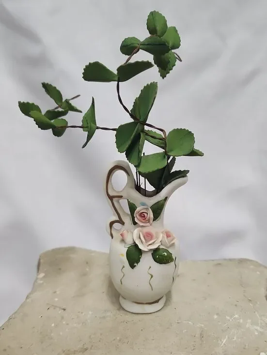 Vintage Floral Porcelain Handle Pitcher Vase